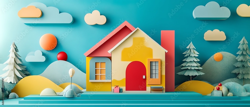 Poster dynamic abstract house design crafted from paper collage materials, showcasing an eclectic mix of sh