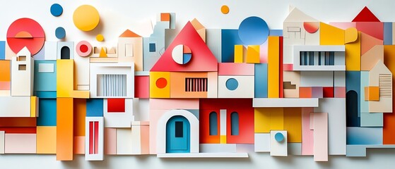 Fototapeta premium Dynamic abstract house design crafted from paper collage materials, showcasing an eclectic mix of shapes and colors for visual interest