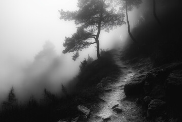 Misty path leading through the forest, mystical ambience