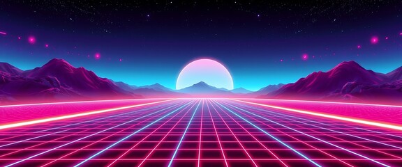 A digital landscape wallpaper featuring a neon grid stretching towards the horizon, evoking a retro-futuristic vibe.