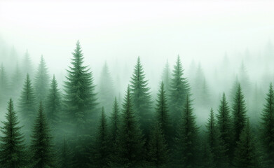 Fototapeta premium Dense evergreen forest with tall trees partially covered in mist, creating a serene and mystical atmosphere.
