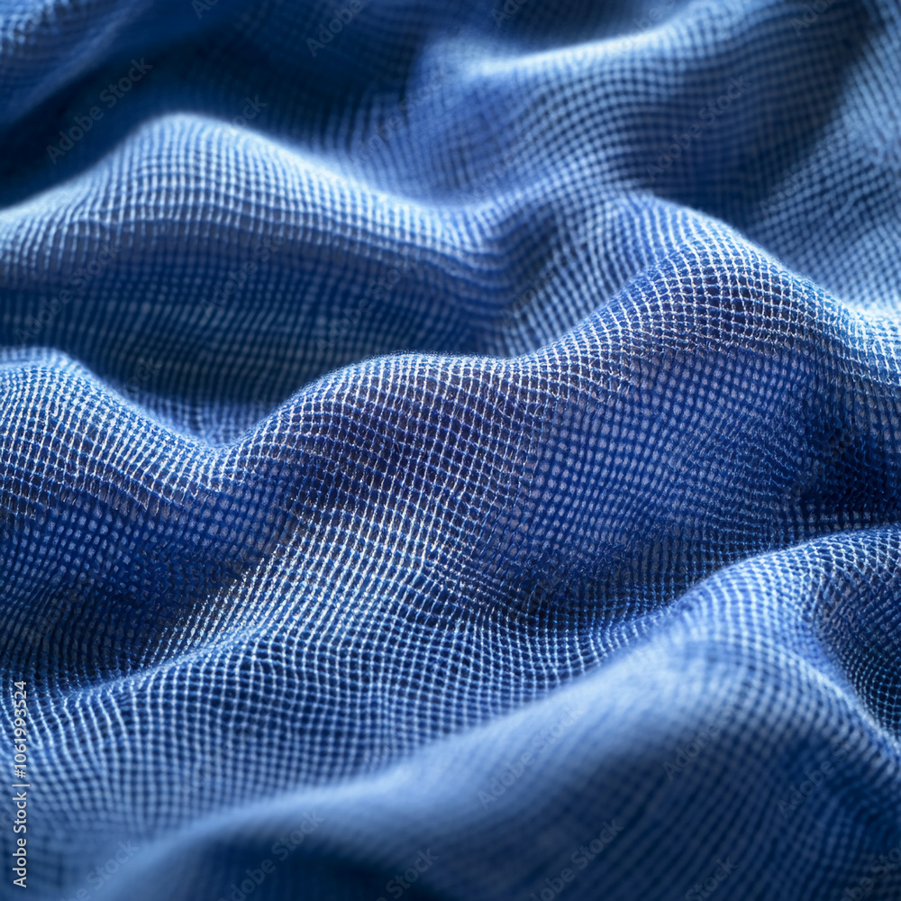 Poster a close-up of a blue fabric with a woven pattern, showing its texture and folds