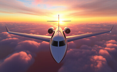Airplane flying above clouds during a beautiful sunset, capturing the freedom and wonder of flight.