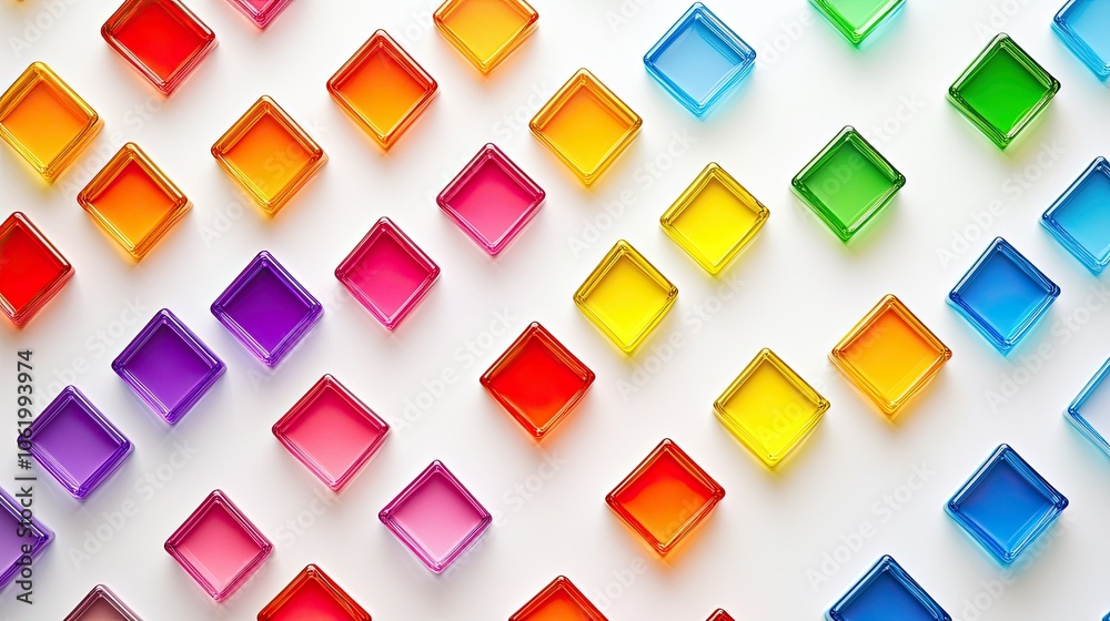Fototapete A series of small rainbow squares on a bright white backdrop, arranged in a neat, geometric pattern, creating a fun and colorful abstract image.