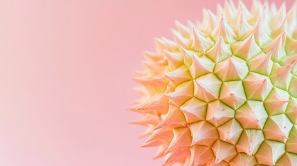 A close-up of a thorny durian in pastel colors, with soft pinks, light greens, and pale yellows, set against a minimalist background.