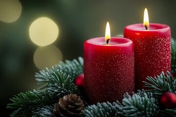 Christmas Serenity Red Candle Display with Pine and Magnificent Bokeh : Generative AI