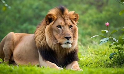 close-up of a lion against the backdrop of blooming green spring nature