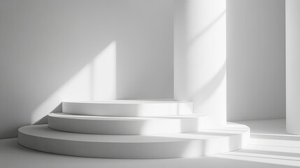 Fototapeta premium Minimalist 3D render of smooth white podiums in a high-detail, high-resolution scene. Soft, cinematic lighting enhances intricate details with sharp focus and subtle shadows.