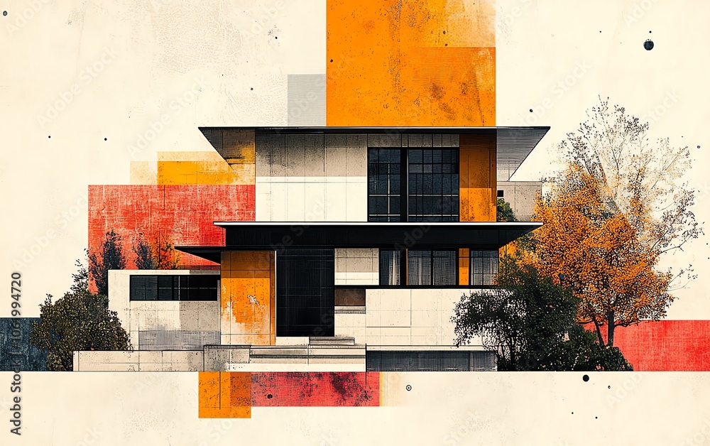 Fototapete stylish paper collage featuring an abstract representation of a house, combining various textures an