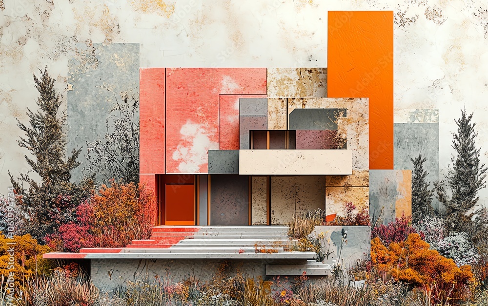 Poster Stylish paper collage featuring an abstract representation of a house, combining various textures and patterns for a unique generative AI design