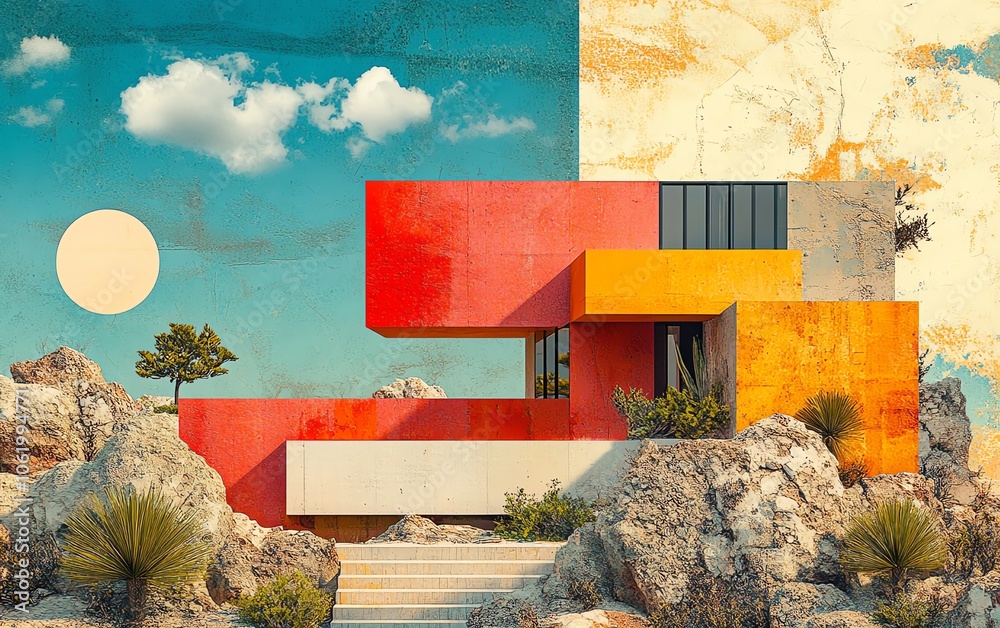 Poster Stylish paper collage featuring an abstract representation of a house, combining various textures and patterns for a unique generative AI design