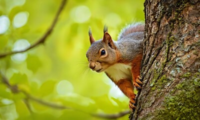 Cute red squirrel on tree in natural spring blooming park in warm morning light.