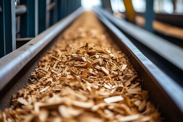 Timber Production Line's Conveyor Belt Carrying Wood Shavings for Renewable Energy : Generative AI