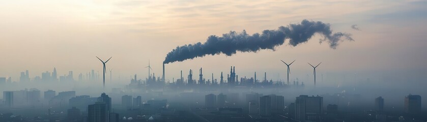 Fototapeta premium A hazy skyline with industrial smoke and wind turbines, highlighting the contrast between pollution and renewable energy solutions.