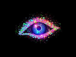 eye surrounded by vibrant, colorful particles set against a deep black background, creating a striking visual contrast
