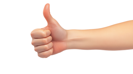 Close-up of a hand giving a thumbs up, symbolizing approval, positivity, and agreement, isolated on a white background.
