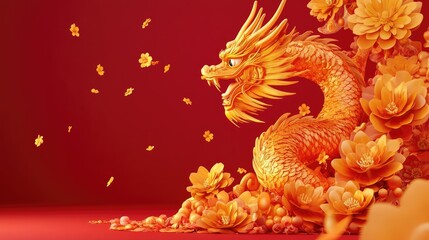 Fototapeta premium Intricate Golden Dragon Surrounded by Vibrant Flowers