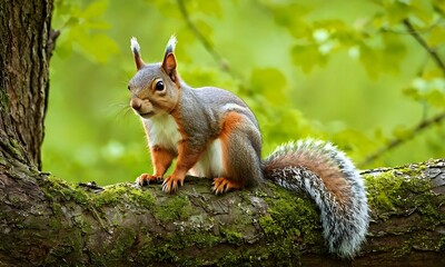 Cute red squirrel on tree in natural spring blooming park in warm morning light.