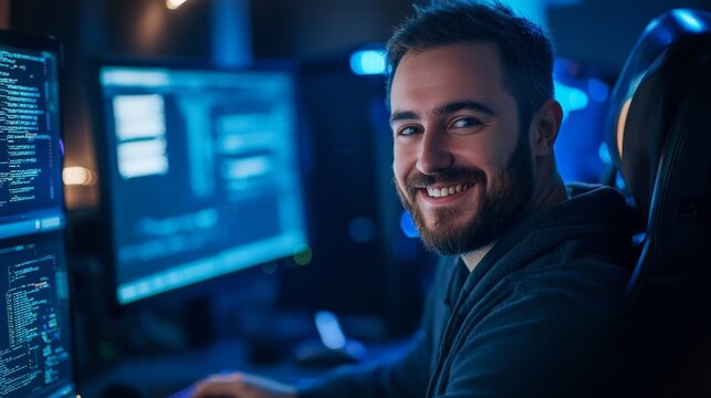 Ethical hacker smiling while using advanced tools to secure networks, feeling fulfilled
