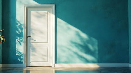 Turquoise Wall with White Door and Sunlight Shadows   Interior Design Concept