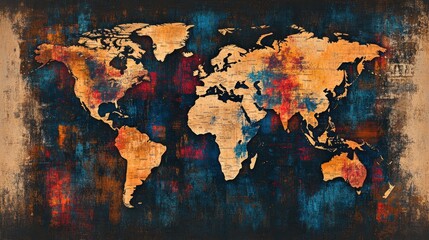 A stylized world map featuring vibrant colors and textures.