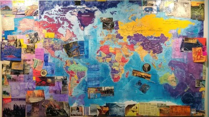 A colorful world map collage featuring images and text from various cultures and histories.