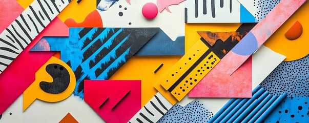 Obraz premium A dynamic paper collage background reflecting 1990s trends, filled with eclectic shapes, patterns, and a burst of colors for visual impact