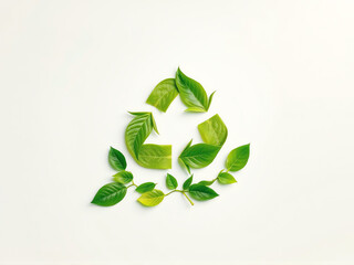 Green leaves and a recycling symbol displayed on a white background, highlighting the importance of recycling and nature conservation
