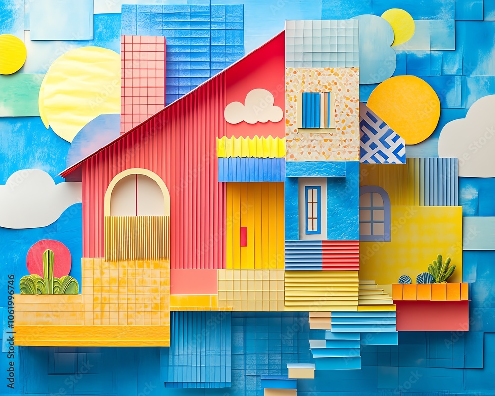 Poster A lively and colorful paper collage representation of an abstract house, perfect for generative AI projects with a modern flair