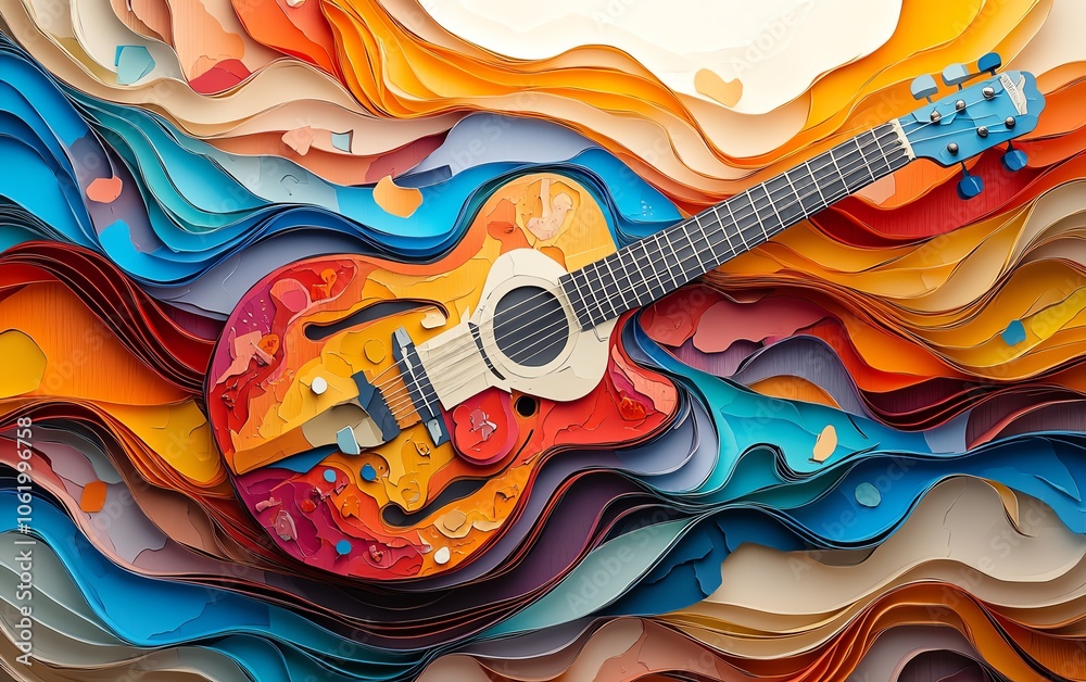 Aufkleber a lively and colorful paper collage illustration of a guitar, perfect for generative ai projects tha