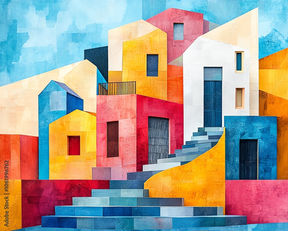 Poster A lively and colorful paper collage representation of an abstract house, perfect for generative AI projects with a modern flair
