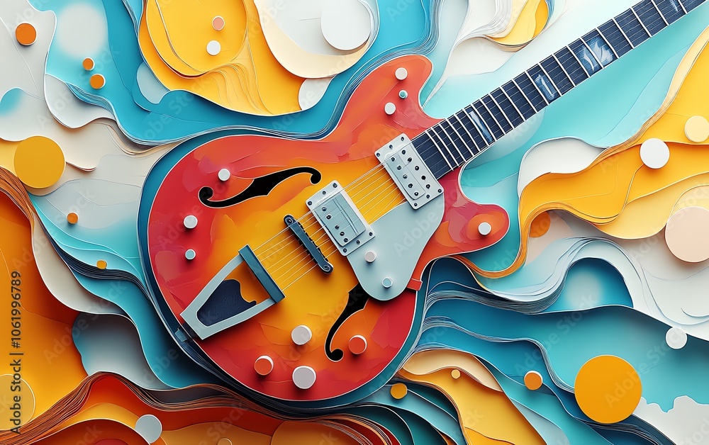 Aufkleber a lively and colorful paper collage illustration of a guitar, perfect for generative ai projects tha