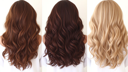 Beautiful long wavy hair in three different colors: brown, dark brown, and blonde. Perfect for haircare or hairstyle inspiration on a white background.