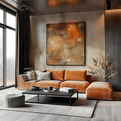 Minimalist, loft interior design of modern living room with earthy tones, featuring a terra cotta sectional sofa, black coffee table, and a textured wall art piece.