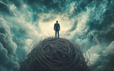 A powerful 3D image of a man atop a messy ball of string, capturing the essence of overcoming stress and finding mental clarity