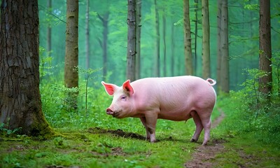 Portrait of a cute pig. Close-up of a pig, against the backdrop of a blooming spring forest