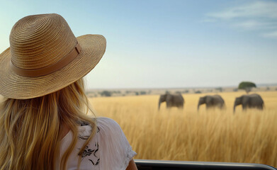 Obraz premium A woman in a hat enjoying a safari view, watching elephants in the African savanna at sunset.