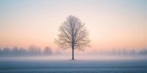 Fototapeta premium Lone tree in a misty field at sunrise, casting a serene silhouette against the gentle morning light and soft fog.