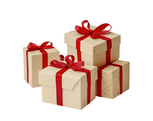 Obraz premium Gift boxes with the red ribbons in eco paper isolated on the white background