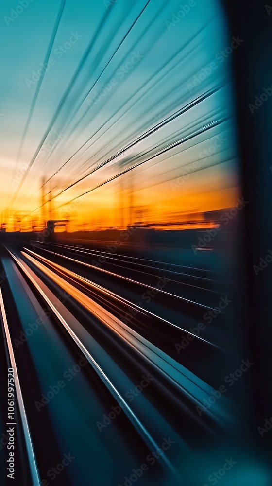 Poster Vibrant High-Speed Train Commuting at Sunset with Motion Blur Effect Emphasizing Travel and Urban Dynamics : Generative AI