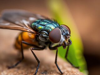 Naklejka premium fly with striking green eyes and vibrant blue wings perched on a textured rock surface
