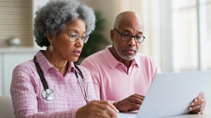 Fototapeta premium Elderly couple reviewing insurance details with doctor, warm lighting, trust in healthcare