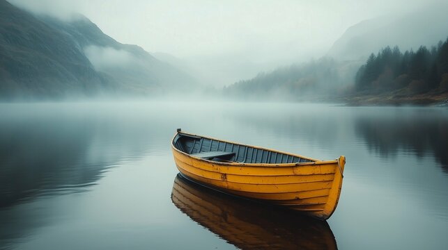 Yellow Wooden Boat Floating on a Misty Lake with Mountains 