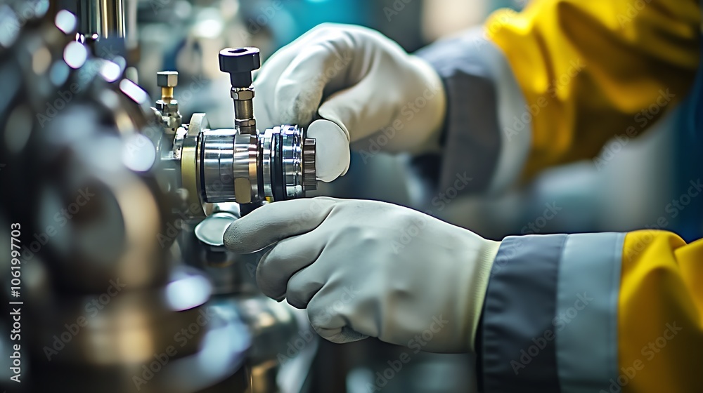 Poster worker adjusting industrial machinery for precision engineering in factory : generative ai