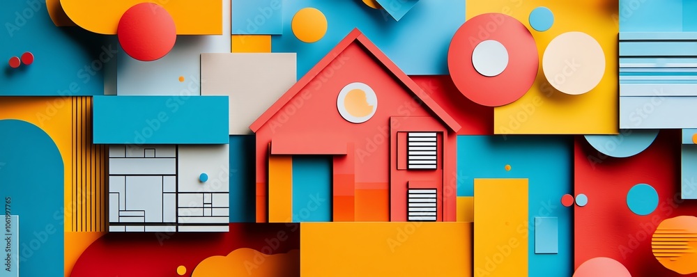 Poster a vibrant abstract house design created from trendy paper collage elements, showcasing bold colors a