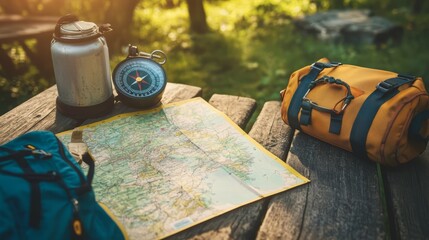 A map and compass lays on a picnic table, accompanied by backpacks, ready for an afternoon hiking trip