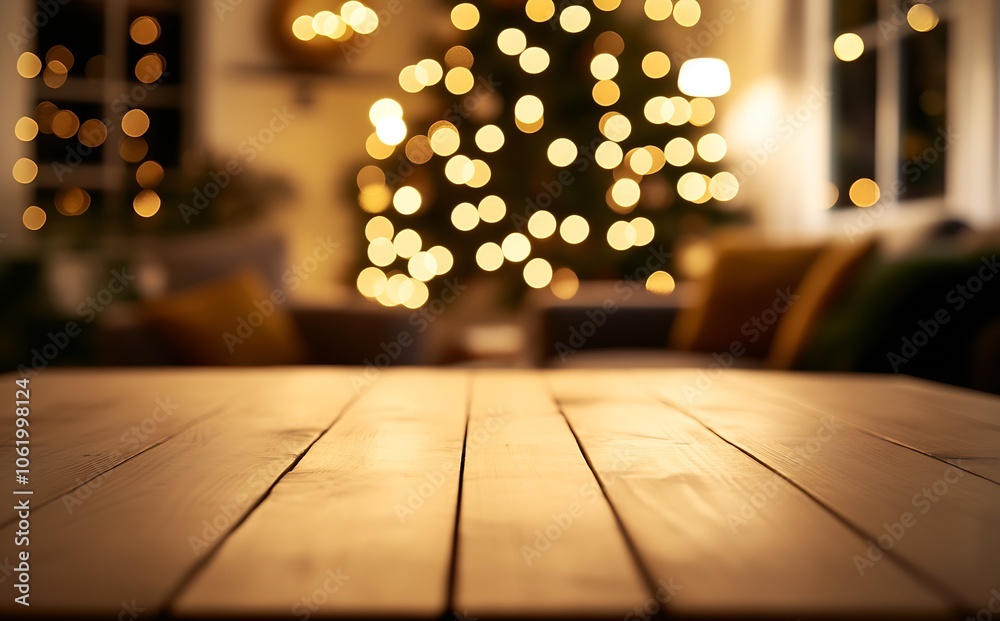 Poster warm holiday scene featuring rustic wooden table and out-of-focus christmas tree : generative ai
