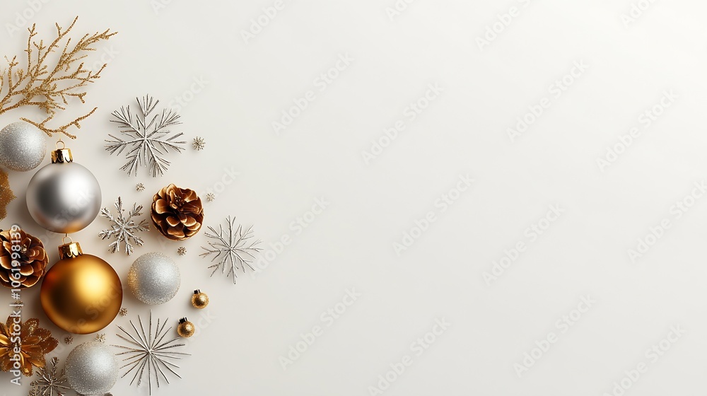 Poster minimalistic holiday decor with snowflake baubles on light background : generative ai