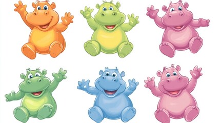 Naklejka premium Cute Cartoon Hippos in Cheerful Colors