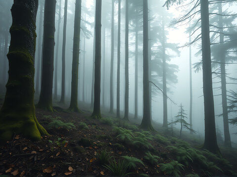 misty forest landscape with dense trees and vibrant ferns, enveloped in a tranquil fog